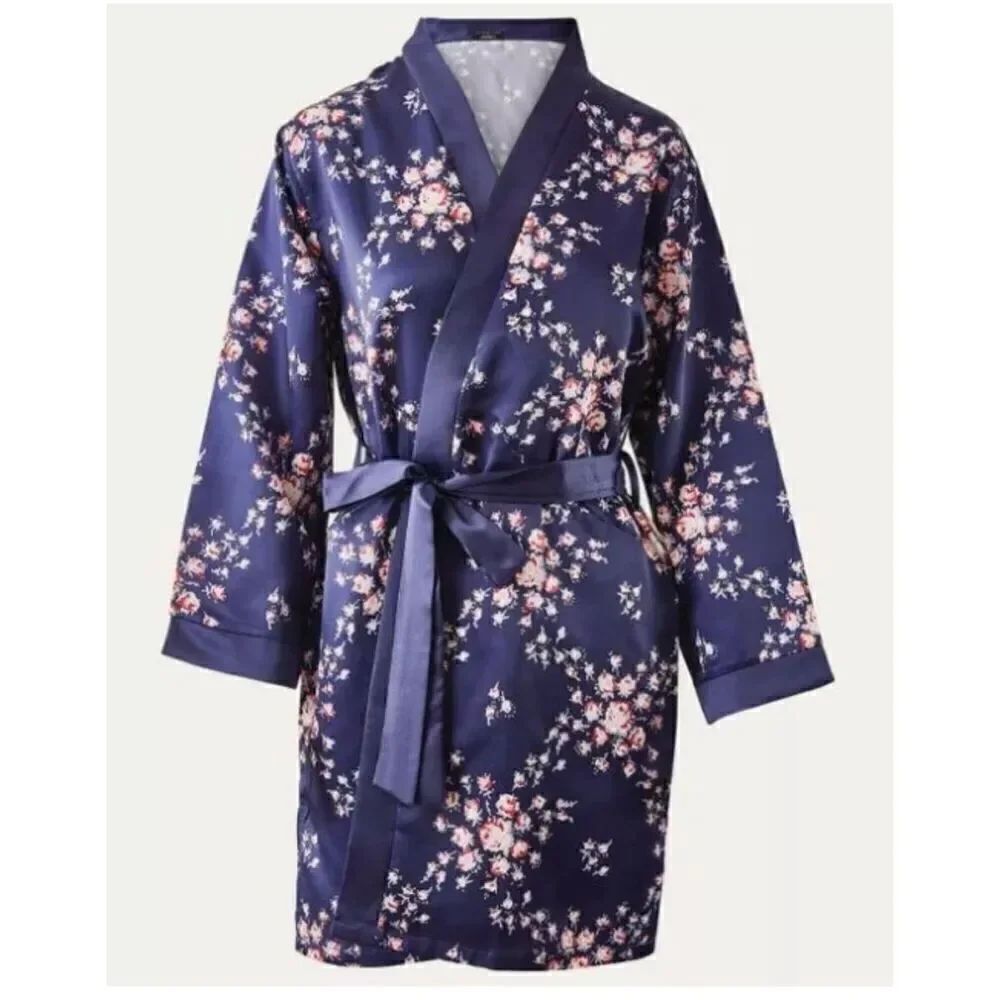 Morgan Lane Fab Fit Fun Satin Short Navy Blue Floral AllieโRobe New Size S/M